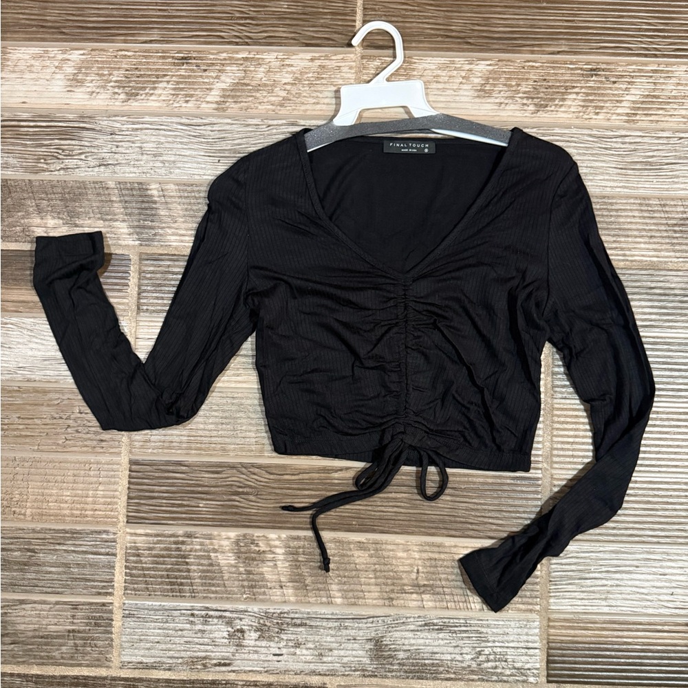 Source Unknown Black Ruched Tie Front Crop Blouse